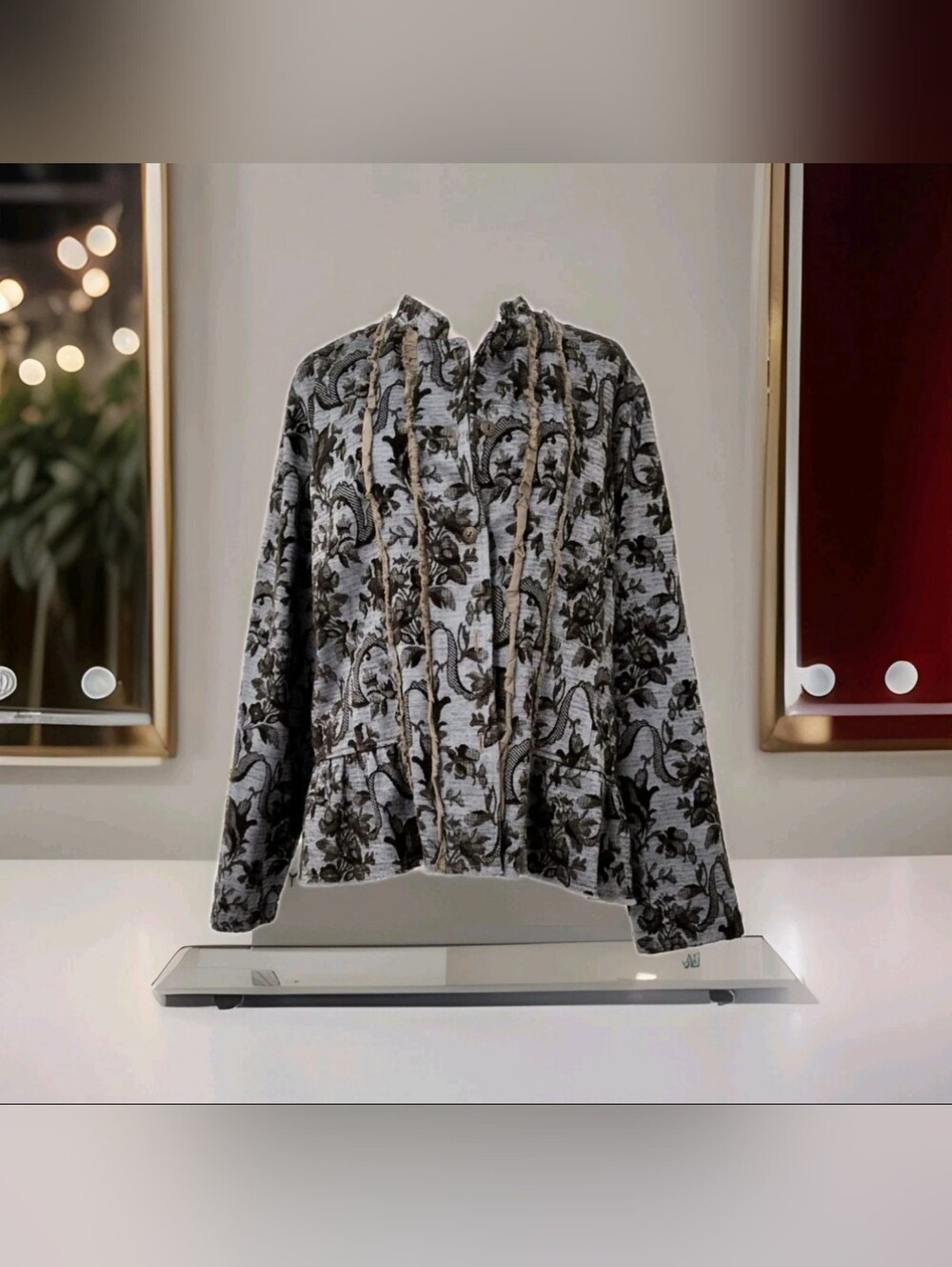 By JJ  Sz LButton Up Over Jacket with Floral Jacquard in Light Gray and Black